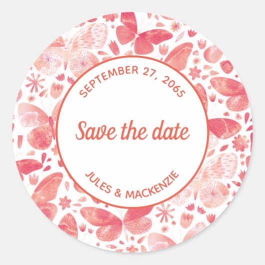Butterflies Waterverf Koraal Roze sparen de Datum Ronde Sticker (Voorkant)