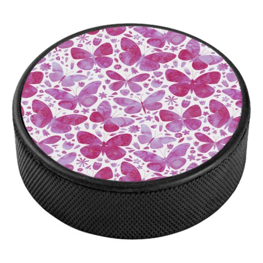 Butterflies Waterverf Magenta Pink Hockey Puck (3/4)