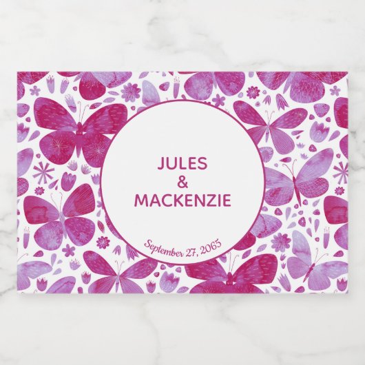 Butterflies Waterverf Magenta Pink Modern Boho Sparkling Wijnetiket (Enkel label)