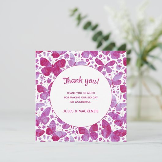 Butterflies Waterverf Magenta Pink Wedding Bedankkaart (Staand voorkant)