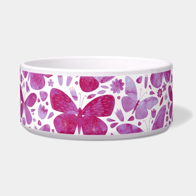Butterflies Waterverf Magenta Roze Bowl Voerbakje (Voorkant)
