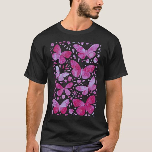 Butterflies Waterverf Magenta Roze T-Shirt (Voorkant)