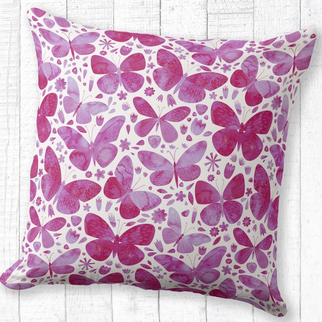 Butterflies Waterverf Patroon roze Kussen (Watercolor butterfly pattern magenta pink and white throw pillow)