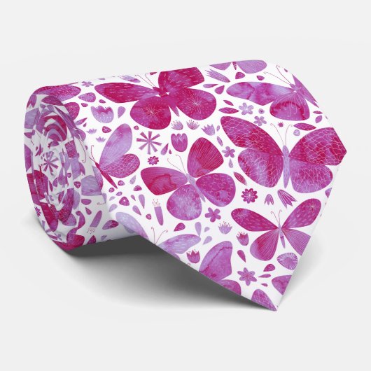 Butterflies Waterverf Roze Stropdas (Opgerold)