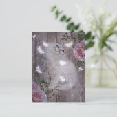 Butterflies White Kitty Cat Floral Briefkaart (Staand voorkant)