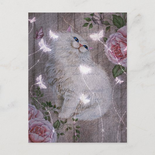 Butterflies White Kitty Cat Floral Briefkaart (Voorkant)
