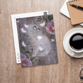Butterflies White Kitty Cat Floral Briefkaart