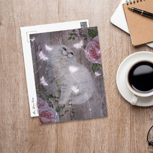 Butterflies White Kitty Cat Floral Briefkaart