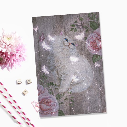 Butterflies White Kitty Cat Floral Decoupage Tissuepapier