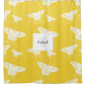 Butterflies White op geel patroon met naam Douchegordijn (Voorkant)