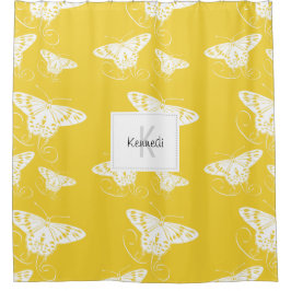 Butterflies White op geel patroon met naam Douchegordijn