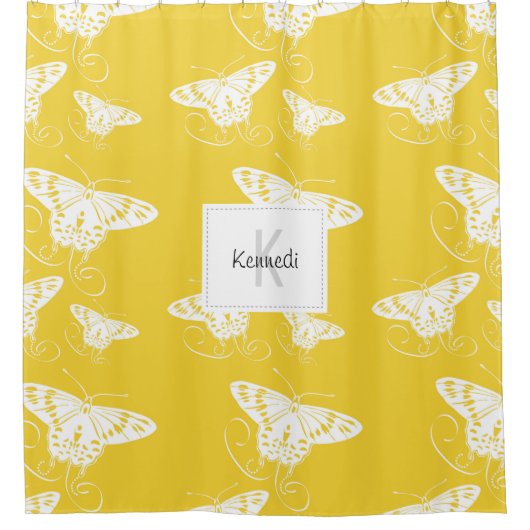 Butterflies White op geel patroon met naam Douchegordijn (Voorkant)