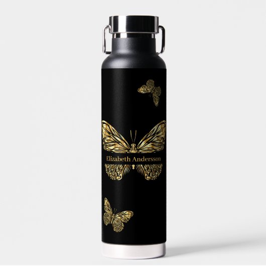 Butterflies zwart gouden naam script waterfles (Voorkant)