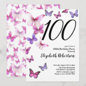 Butterfly 100ste Verjaardag Uitnodiging Roze /Paar (Voorkant / Achterkant)