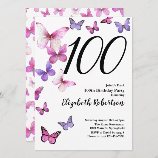 Butterfly 100ste Verjaardag Uitnodiging Roze /Paar (Voorkant / Achterkant)