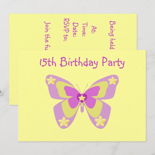 Butterfly, 15th Birthday Party Invitation Kaart (Voorkant / Achterkant)