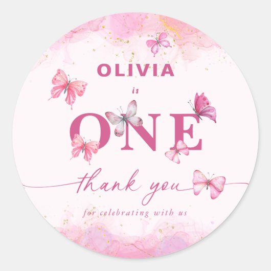Butterfly 1e verjaardag roze gouden stof dank u ronde sticker (Voorkant)