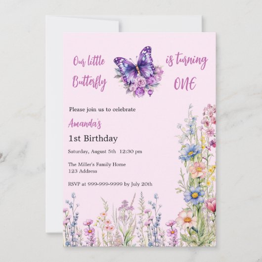 Butterfly 1e Verjaardag roze paarse meisje Kaart (Voorkant)