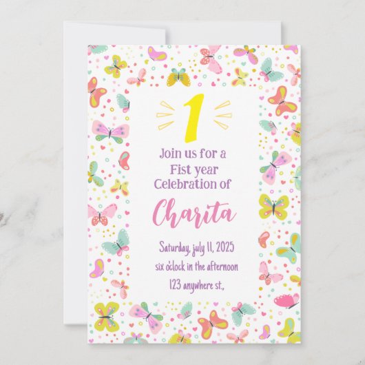 Butterfly 1e verjaardag uitnodiging (Voorkant)