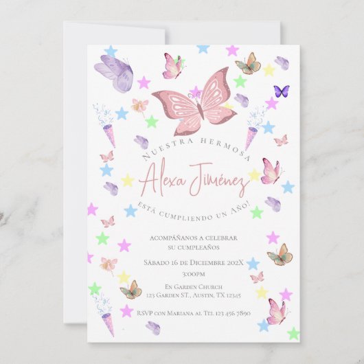 Butterfly 1e verjaardag uitnodiging in het Spaans (Voorkant)