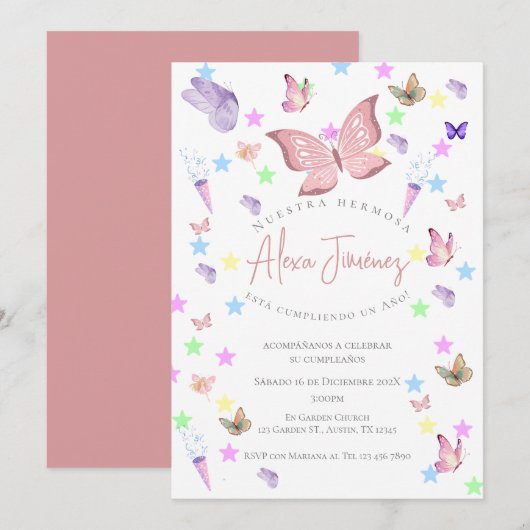 Butterfly 1e verjaardag uitnodiging in het Spaans (Voorkant / Achterkant)