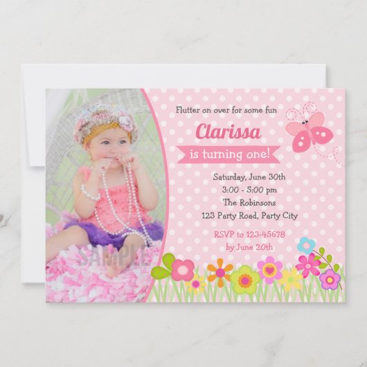 Butterfly 1e Verjaardag Uitnodigingen met Foto (Voorkant)