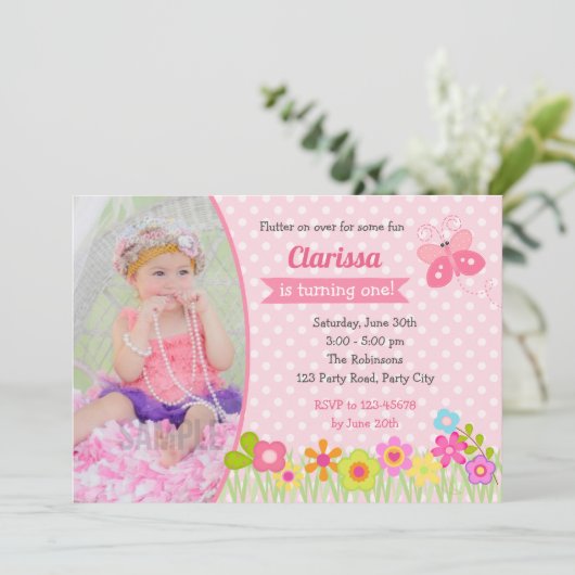 Butterfly 1e Verjaardag Uitnodigingen met Foto (Staand voorkant)