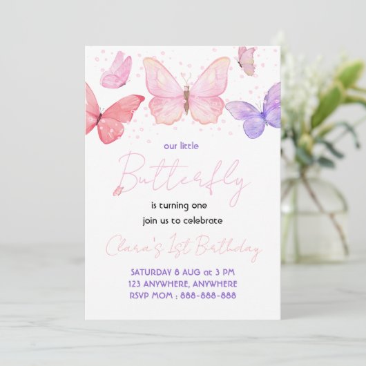 Butterfly 1e verjaardagsfeestje kaart (Staand voorkant)