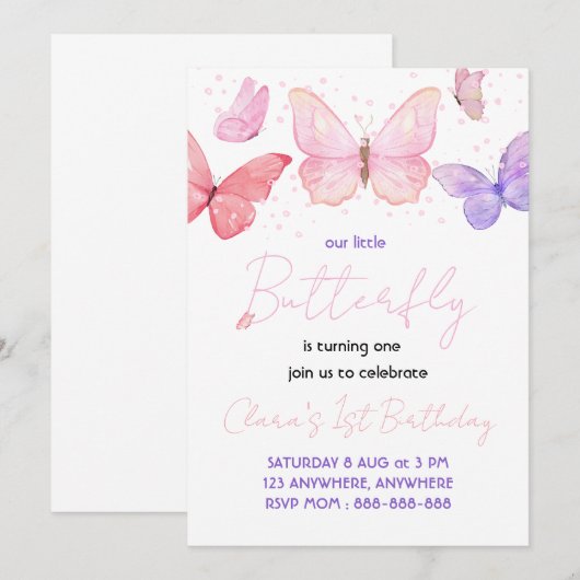 Butterfly 1e verjaardagsfeestje kaart (Voorkant / Achterkant)