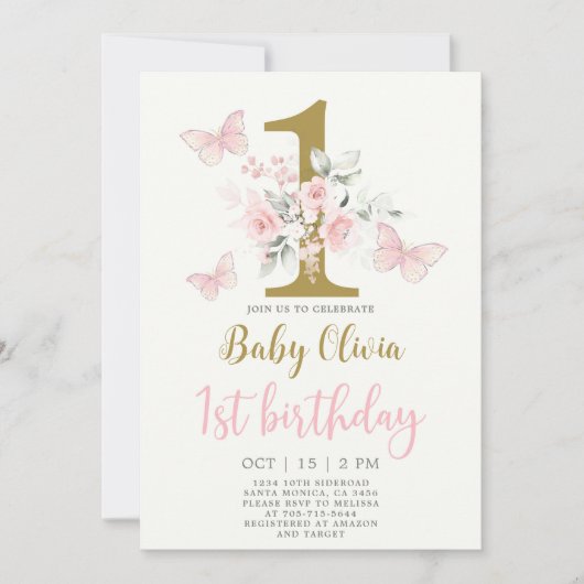 Butterfly 1st Birthday Invitation Kaart (Voorkant)
