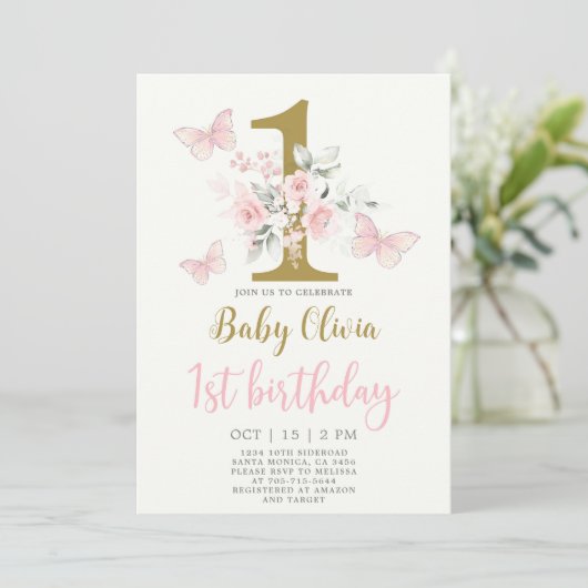 Butterfly 1st Birthday Invitation Kaart (Staand voorkant)