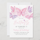 Butterfly 1st Birthday Invitation Pink Purple Girl Kaart (Voorkant)