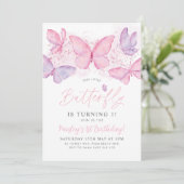 Butterfly 1st Birthday Invitation Pink Purple Girl Kaart (Staand voorkant)