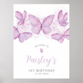 Butterfly 1st Birthday Paars Girl Welkomstteken Poster (Voorkant)