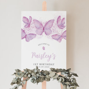 Butterfly 1st Birthday Paars Girl Welkomstteken Poster