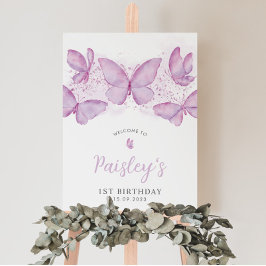 Butterfly 1st Birthday Paars Girl Welkomstteken Poster