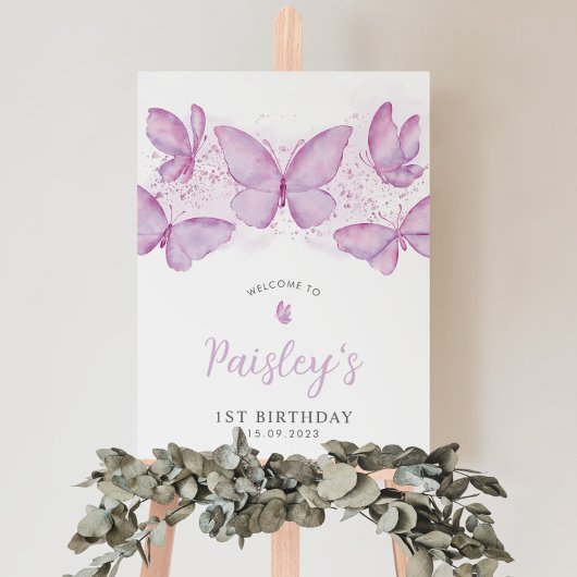 Butterfly 1st Birthday Paars Girl Welkomstteken Poster