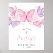 Butterfly 1st Birthday Pink Girl Welkom Poster (Voorkant)