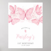 Butterfly 1st Birthday Pink Girl Welkom Poster (Voorkant)