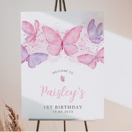 Butterfly 1st Birthday Pink Girl Welkom Poster