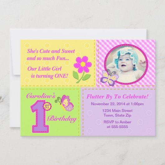 Butterfly 1st Birthday Uitnodiging 5x7 Fotokaart (Voorkant)