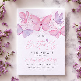 Butterfly 1st Birthday Uitnodiging Roze Paars meis