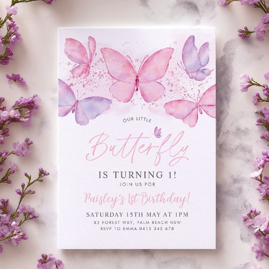 Butterfly 1st Birthday Uitnodiging Roze Paars meis