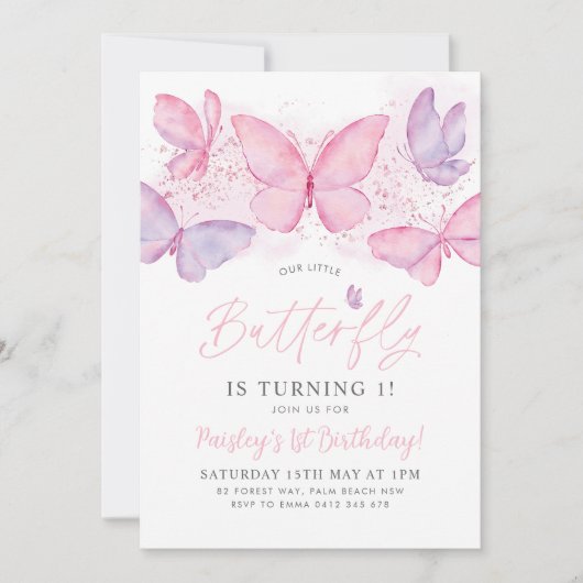 Butterfly 1st Birthday Uitnodiging Roze Paars meis (Voorkant)