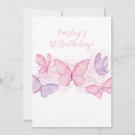 Butterfly 1st Birthday Uitnodiging Roze Paars meis (Achterkant)