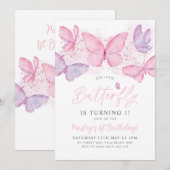 Butterfly 1st Birthday Uitnodiging Roze Paars meis (Voorkant / Achterkant)