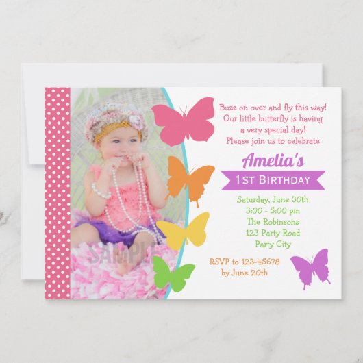 Butterfly 1st Birthday Uitnodiging voor Fotomeisje (Voorkant)