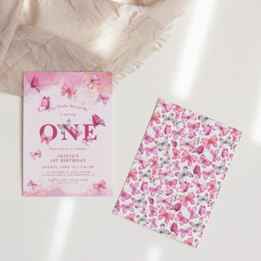 Butterfly 1st verjaardag Baby Girl Pink Gold Dust Kaart