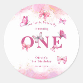 Butterfly 1st verjaardag Baby Girl Pink Gold Dust Ronde Sticker