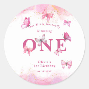 Butterfly 1st verjaardag Baby Girl Pink Gold Dust Ronde Sticker